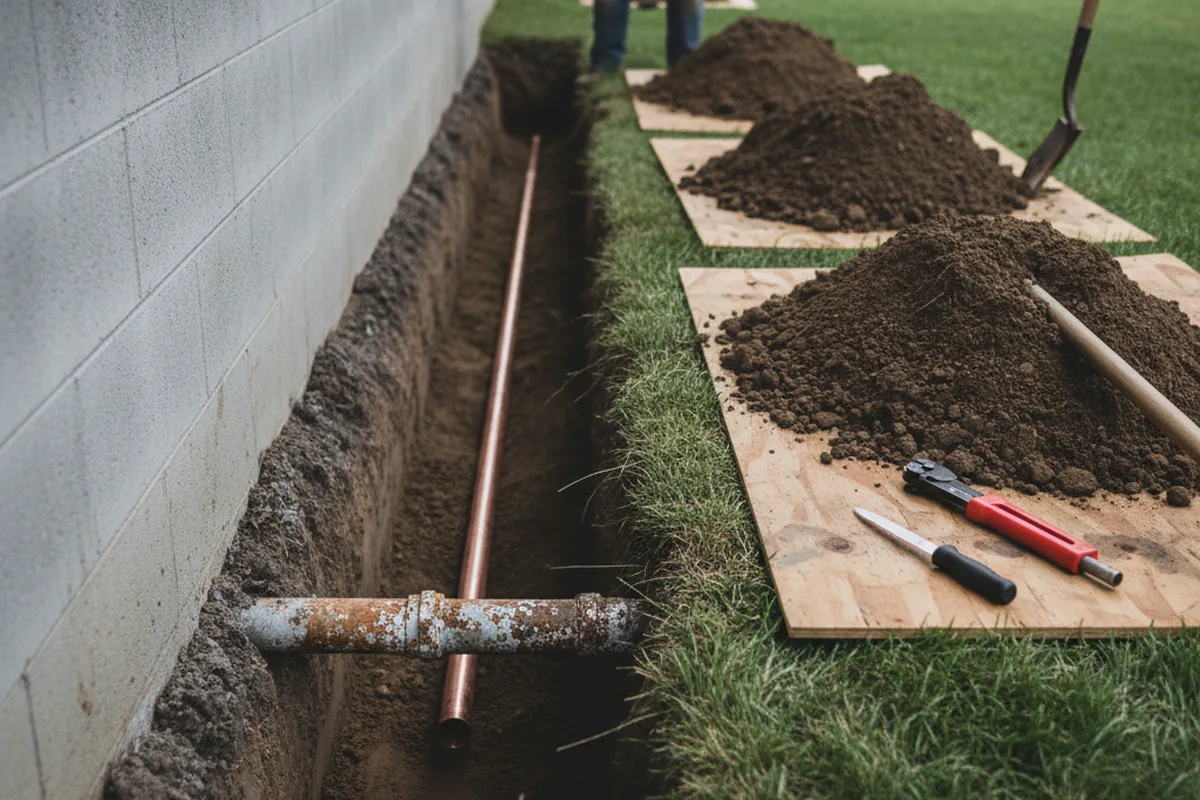 Excavated water line trench during Sewer Line Repair in Lumberville